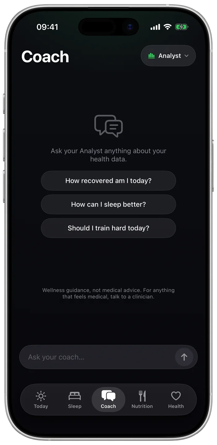 Coach screen with suggested questions about recovery, sleep and training