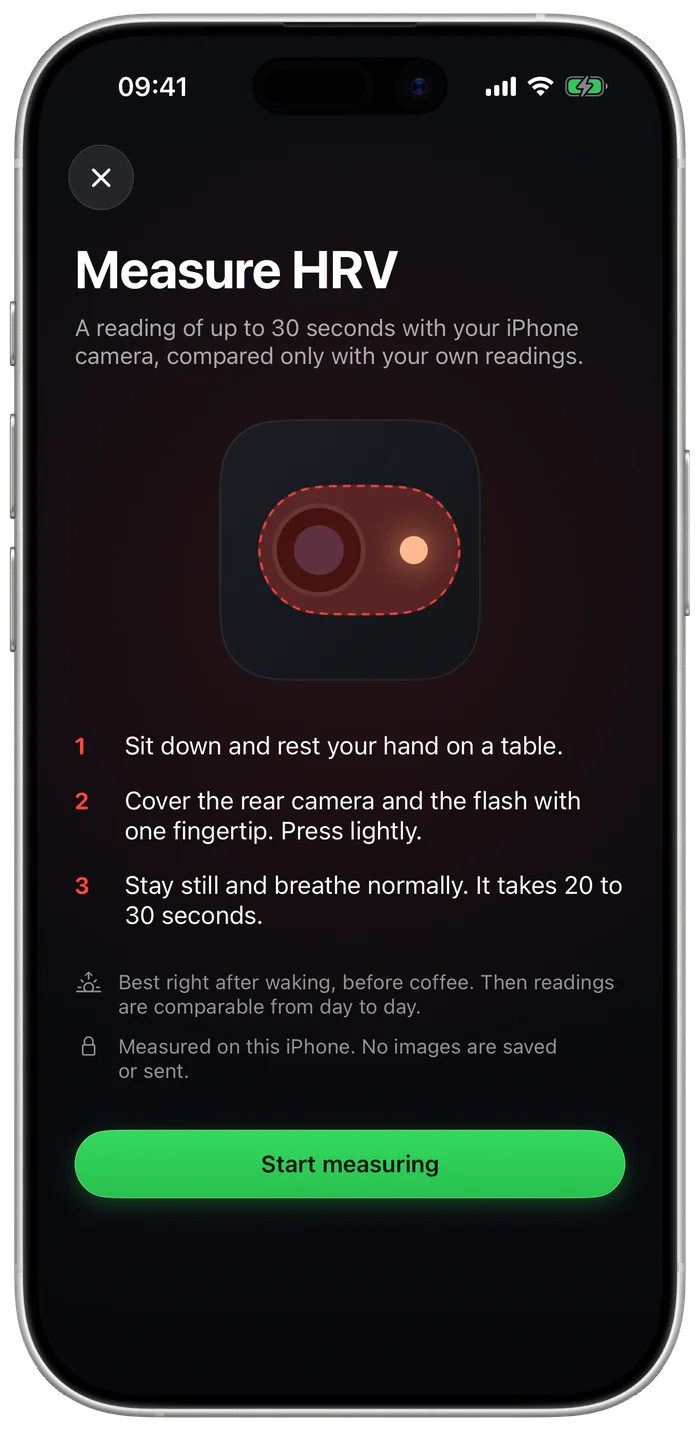 Measure HRV screen: rest a fingertip on the rear camera for 20 to 30 seconds