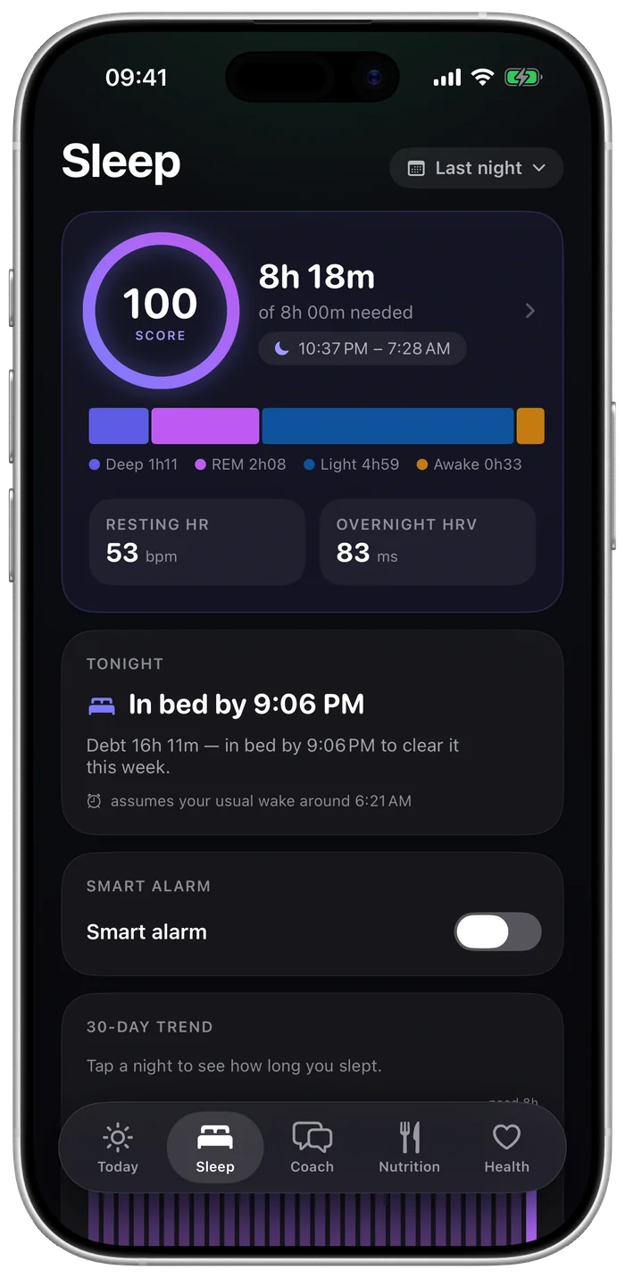Sleep screen: score 100, 8 hours 18 minutes asleep, stage breakdown