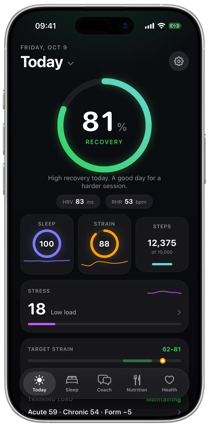 Today screen: recovery 81 percent with sleep, strain and steps